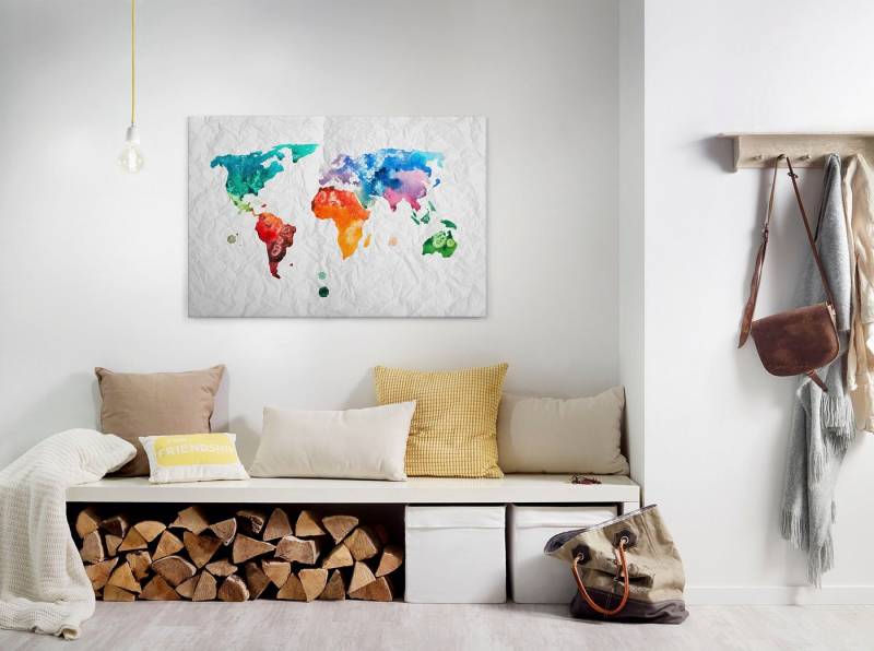 A.S. Création Leinwandbild Colourful World, Kinder, Kunst, Weltkarte (1 St), Atlas Weltkarte Bunt Aquarell Keilrahmen Leinwand-Bild Wohnzimmer Wand von A.S. Création