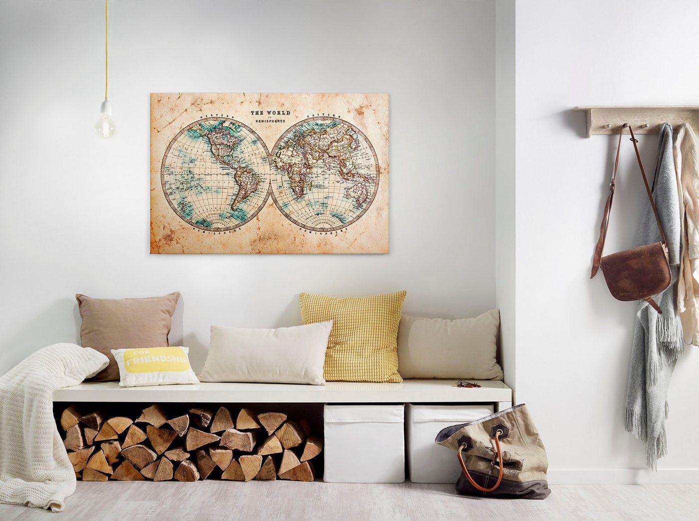 A.S. Création Leinwandbild Hemispheres, Kinder, Kunst, Weltkarte (1 St), Atlas Weltkarte Antik Vintage Keilrahmen Leinwand-Bild Wohnzimmer Wand von A.S. Création