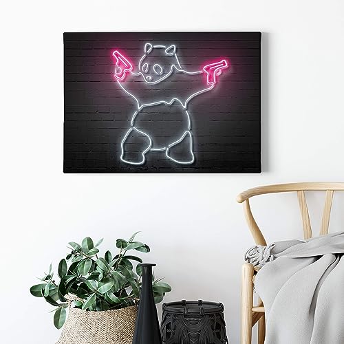 A.S. Création Leinwandbild Panda Neon LED Schild - Kunstdruck rosa schwarz - 70x50 cm Querformat - moderne Wanddekoration Schlafzimmer Wohnzimmer Küche - Bild auf Keilrahmen von A.S. Création