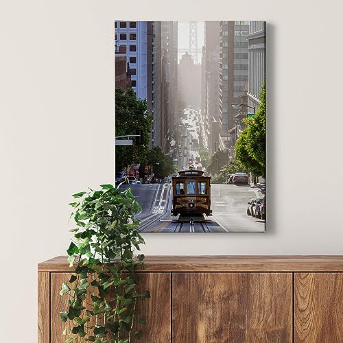 A.S. Création Leinwandbild San Francisco Straßenbahn Städte - Kunstdruck grün braun grau schwarz - 50x70 cm Hochformat - moderne Wanddekoration Schlafzimmer Wohnzimmer Küche - Bild auf Keilrahmen von A.S. Création