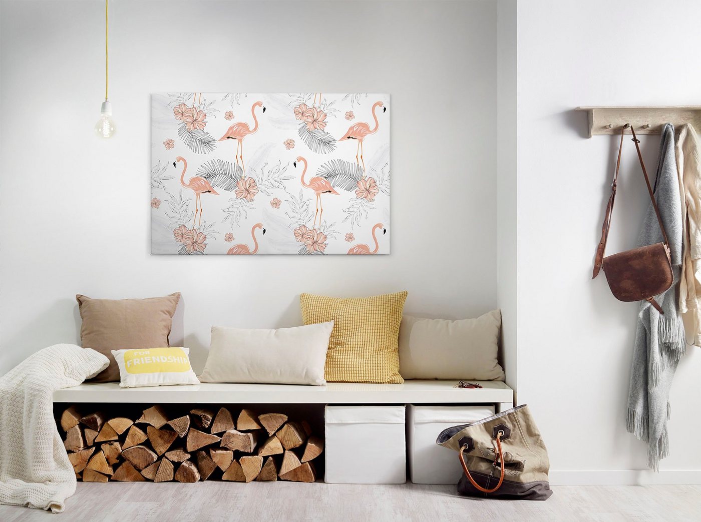 A.S. Création Leinwandbild Tropical Vibes, Blumen, Kinder, Kunst (1 St), Palmenblätter Flamingo Keilrahmen Leinwand-Bild Wohnzimmer modern Wand von A.S. Création