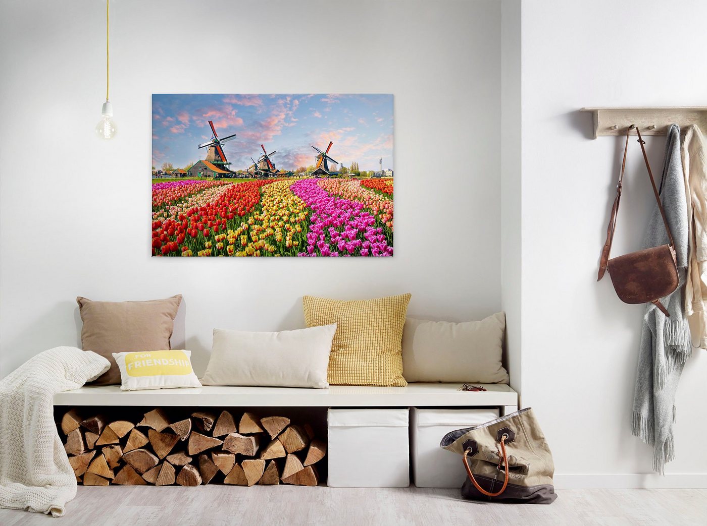 A.S. Création Leinwandbild Zaanse Schans, Kinder, Kunst, Landschaft (1 St), Keilrahmen Blumenfeld Tulpenfeld Holland Leinwand-Bild Wohnzimmer Wand von A.S. Création