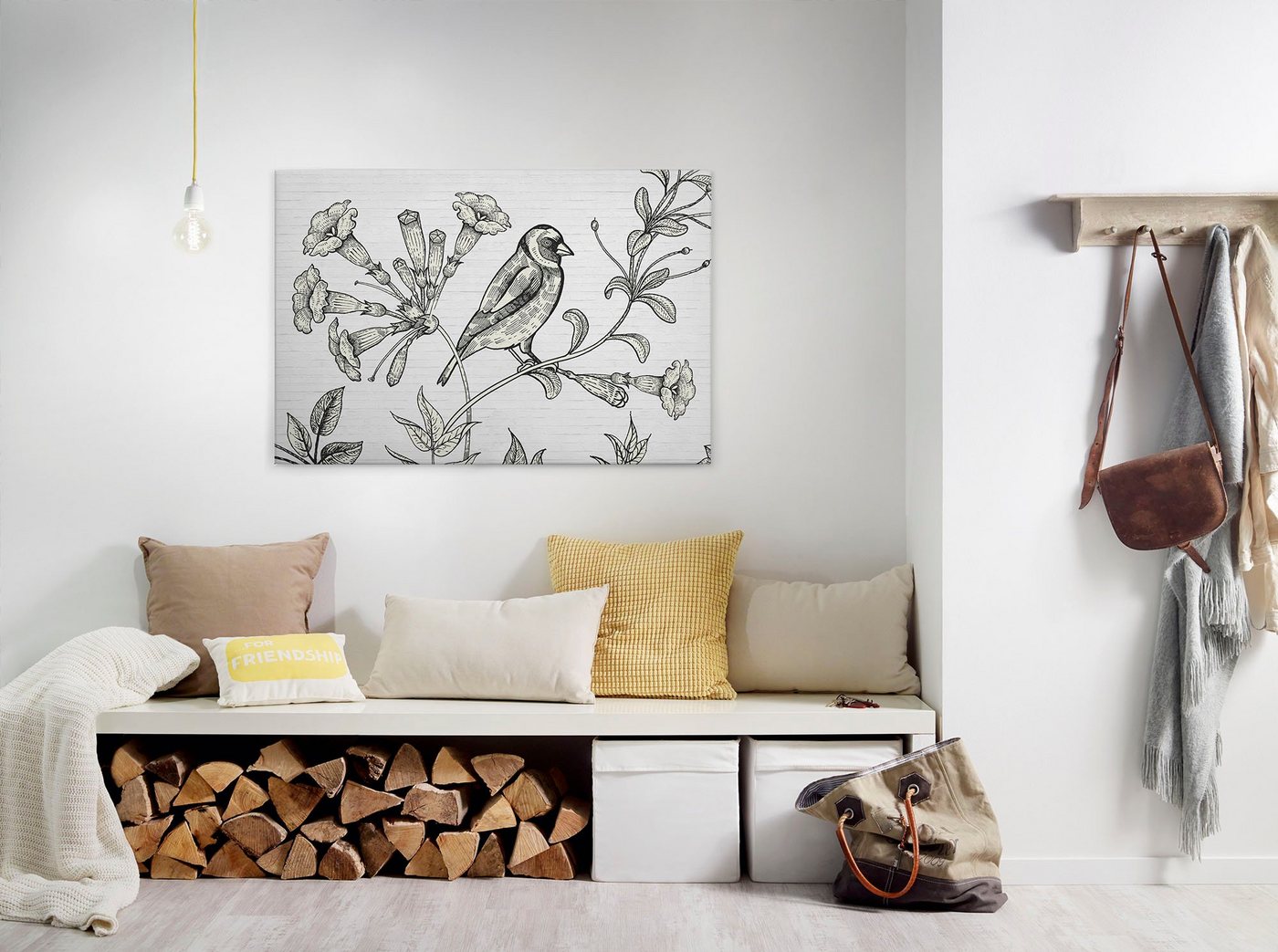 A.S. Création Leinwandbild birdy, Gemälde, Kinder, Kunst (1 St), Schwarz-Weiß Zeichnung Floral Keilrahmen Leinwand-Bild Wohnzimmer Wand von A.S. Création