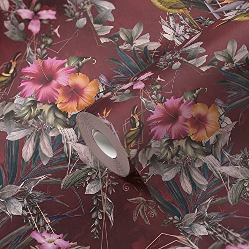 A.S. Création Tapete Dunkelrot mit Vögeln Vliestapete Blumen Rot Grün Schlafzimmer 381785 10,05x0,53m Made in Germany von A.S. Création