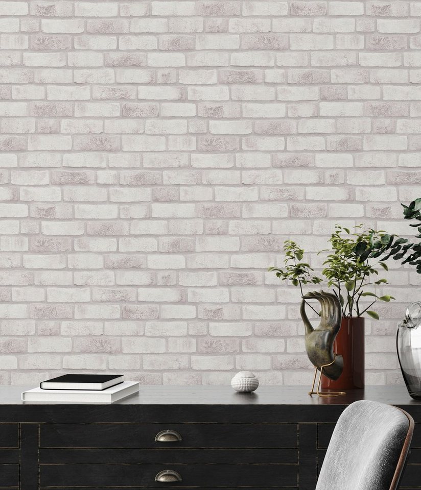 A.S. Création Vliestapete Bricks & Stones Backstein, leicht strukturiert, gemustert, matt, neutral, (1 St), Steintapete Tapeten Wohnzimmer Schlafzimmer Küche modern Design Optik von A.S. Création