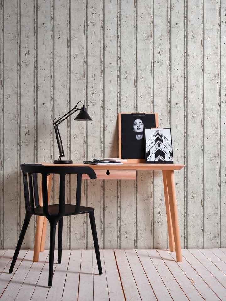 A.S. Création Vliestapete Elements Vliestapete Holz-Optik Mustertapete Weiß Grau Vintage, strukturiert, Strukturmuster, (1 St), moderne Tapete mit Holzlatten Struktur für Wohnzimmer Küche von A.S. Création