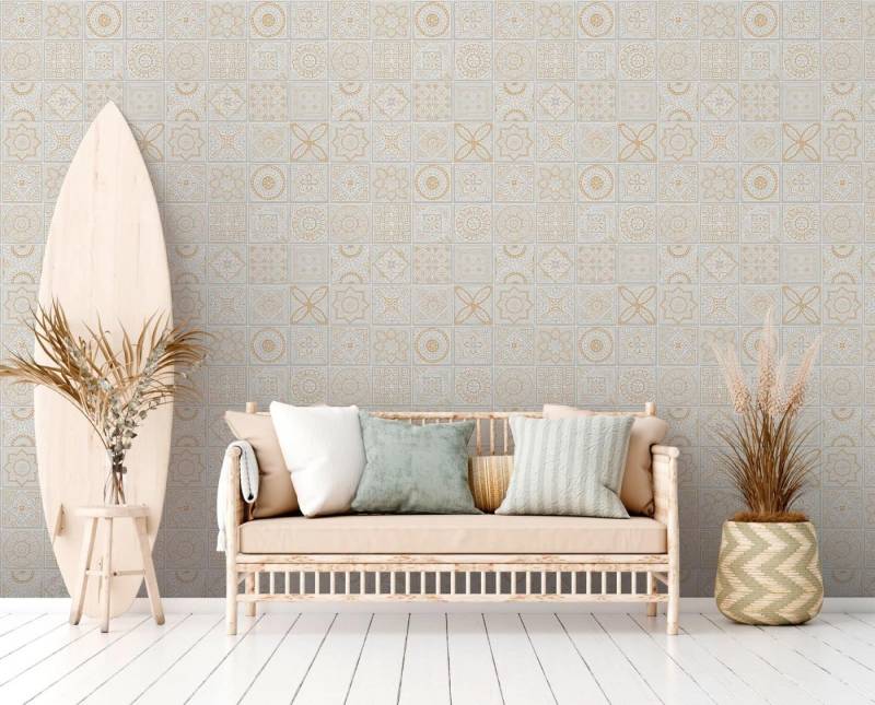 A.S. Création Vliestapete Fliesen Mosaik Floral Weiß Hellgrau Gold Glitzer 38921-1 Terra von A.S. Création