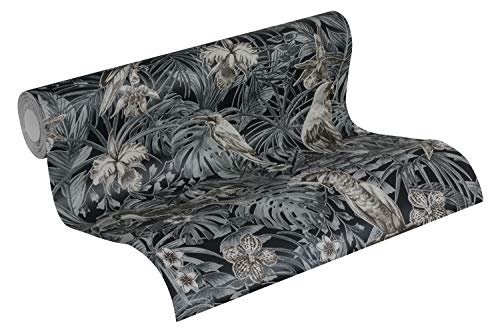 A.S. Création Vliestapete Greenery Tapete in Dschungel Optik mit Palmenblättern 10,05 m x 0,53 m schwarz grau creme Made in Germany 372104 37210-4 von A.S. Création