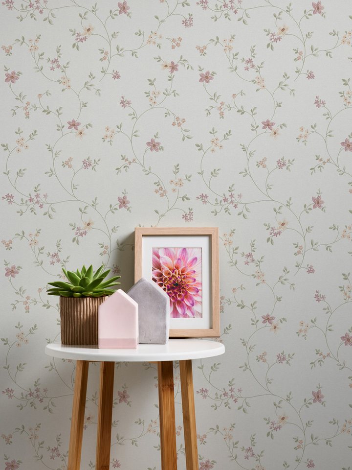 A.S. Création Vliestapete Maison Charme Vliestapete Blümchen-Muster florale Tapete Creme, strukturiert, Strukturmuster, (1 St), Mustertapete floral in Blumen-Optik Weiß Grün Schlafzimmer Küche von A.S. Création