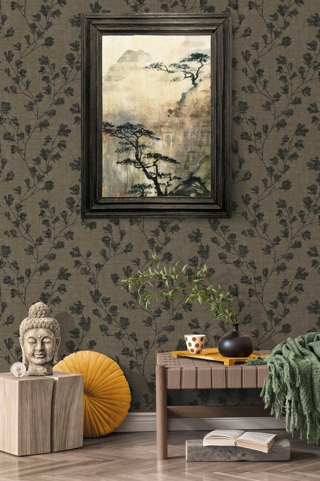 A.S. Création Vliestapete Nara Blätterranke, leicht strukturiert, gemustert, matt, neutral, (1 St), Tapete Natur Tapeten Wohnzimmer Schlafzimmer Küche modern Design Optik von A.S. Création