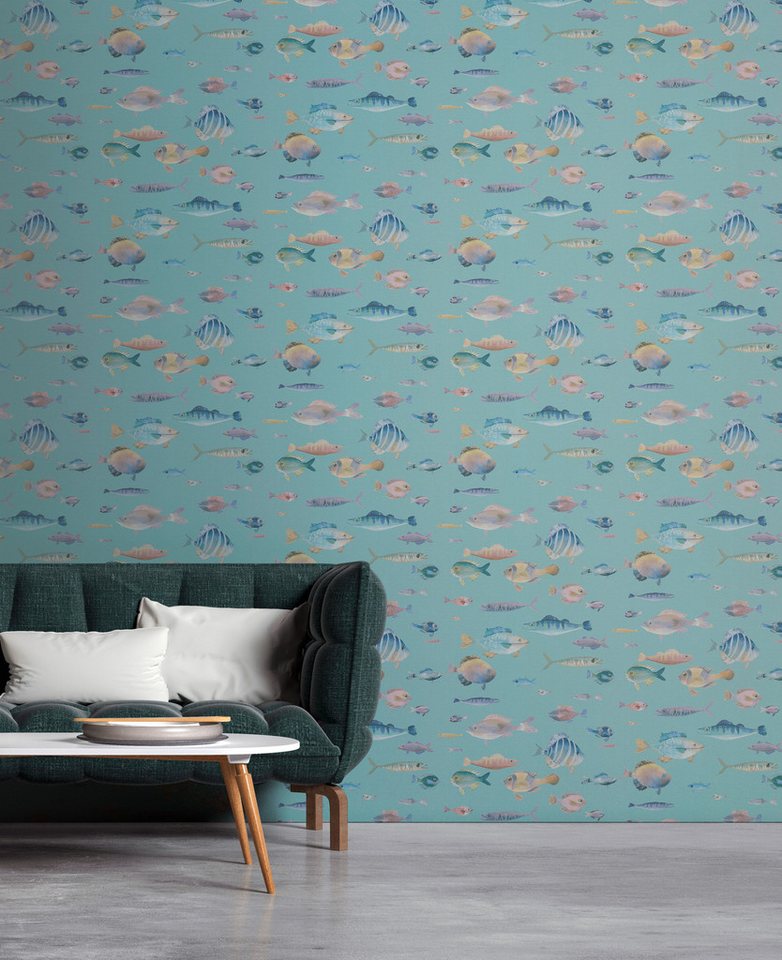 A.S. Création Vliestapete PintWalls II Tapete mit Fischen Mustertapete mit Tieren Tiere, strukturiert, matt, (1 St), Vliestapete Kinderzimmer für Schlafzimmer Küche Wohnzimmer Fische Flur von A.S. Création