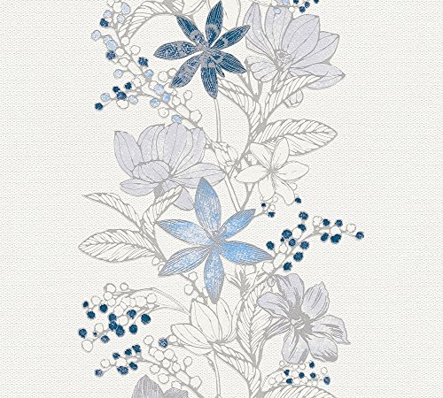 Esprit Vliestapete mit Glitter Romantic Botanics Tapete mit Blumen floral 10,05 m x 0,53 m blau metallic weiß Made in Germany 357543 35754-3 von A.S. Creation