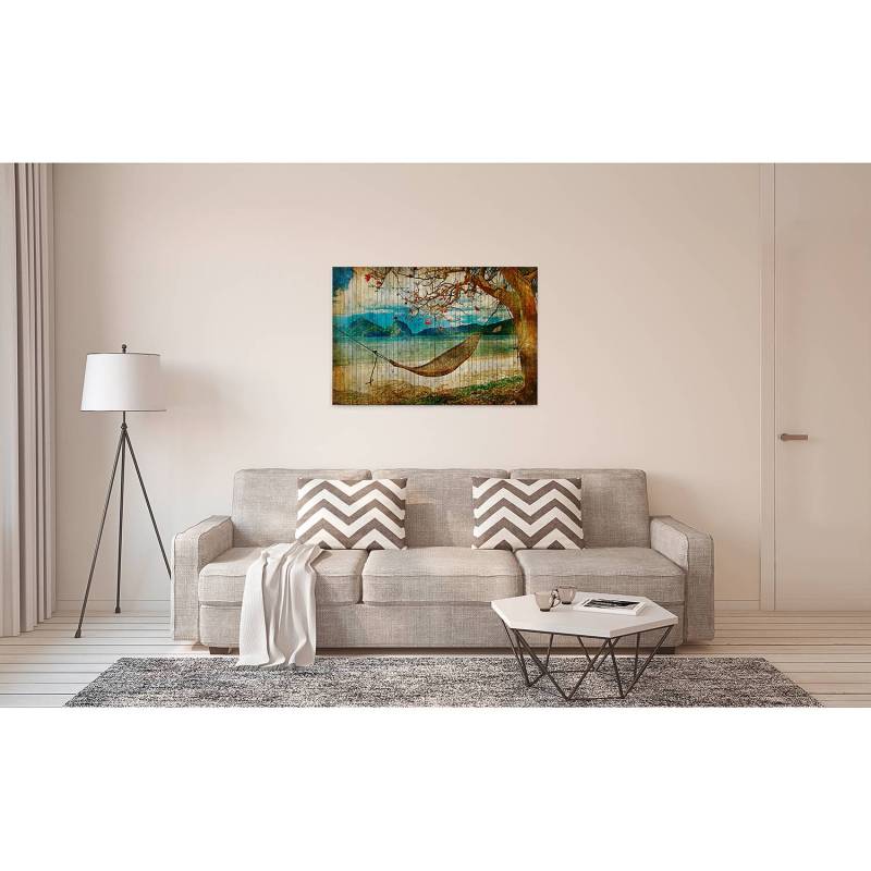 home24 Leinwandbild Hängematte Tahiti Polyester PVC / Fichtenholz Braun 90 x 60cm von home24