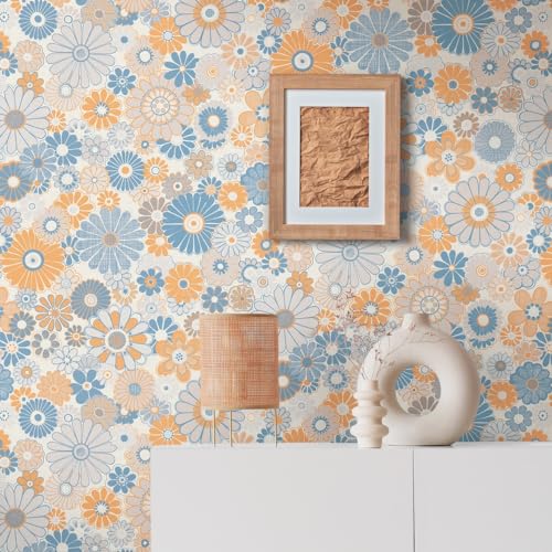 Retro Tapete 70er -Tapete Vintage Floral Blau Orange Grau Creme Beige - A.S. Création Vliestapete Retro Chic 395352-8,50m x 0,53m - Made in Germany von A.S. Création