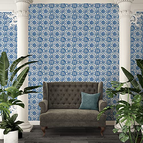 A.S. Création Selbstklebende Tapete Landhaus Fliesen weiß blau The Wallcover 385601 Vintage 8,40x0,53m, Blau, Weiß, 8,40 m x 0,53 m = 4,24m² von A.S. Création