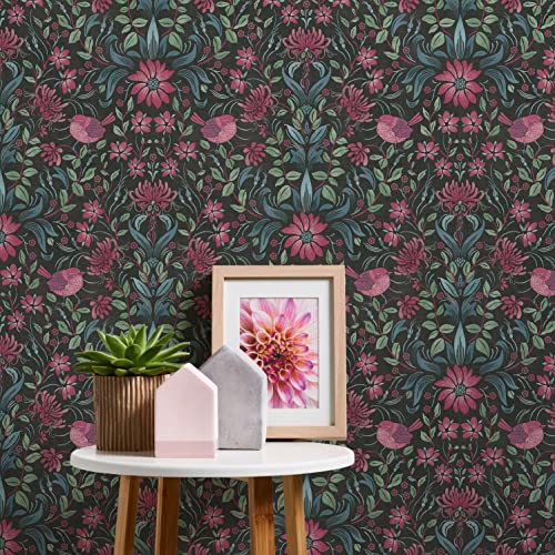 Tapete Floral Schwarz Pink Blau Grün - A.S. Création Maison Charme 390751 - Vliestapete Vogel - 10,05 m x 0,53 m Made in Germany von A.S. Création