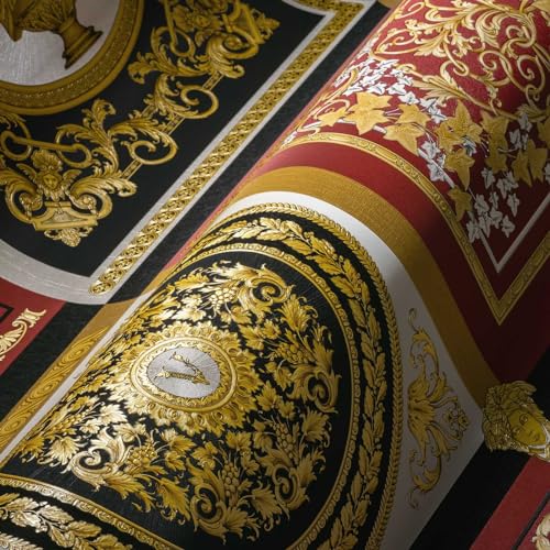 VERSACE WALLPAPER Barock Luxus Tapete Floral 387046 Rot Gold Schwarz Weiß Designer Logo 10,05x0,70m Made in Germany von Livingwalls