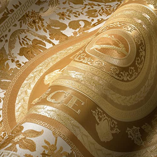 A.S. Création VERSACE WALLPAPER Blumen Luxus Tapete Floral 387054 Gold Weiß Designer Ranken Kreise 10,05x0,70m Made in Germany von A.S. Création