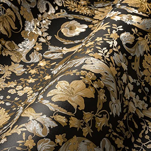 VERSACE WALLPAPER Blumen Tapete Floral 387065 Gold Schwarz Silber Designer Ranken Barock 10,05x0,70m Made in Germany von A.S. Création