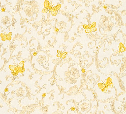 VERSACE WALLPAPER Vliestapete Butterfly Barocco Luxustapete mit Ornamenten barock 10,05 m x 0,70 m creme gelb metallic Made in Germany 343251 34325-1 von A.S. Création