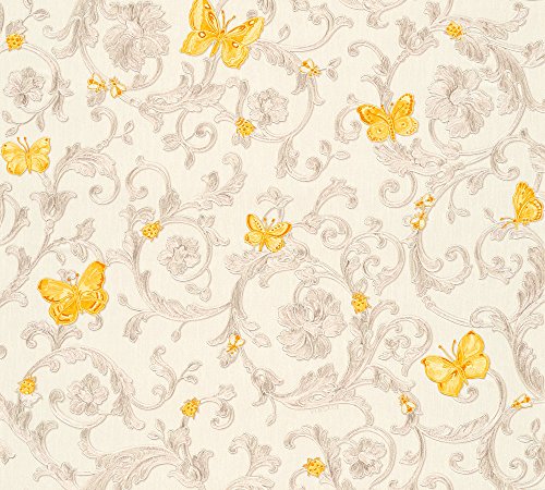 Versace wallpaper Vliestapete Butterfly Barocco Luxustapete mit Ornamenten barock 10,05 m x 0,70 m creme gelb metallic Made in Germany 343253 34325-3 von A.S. Création