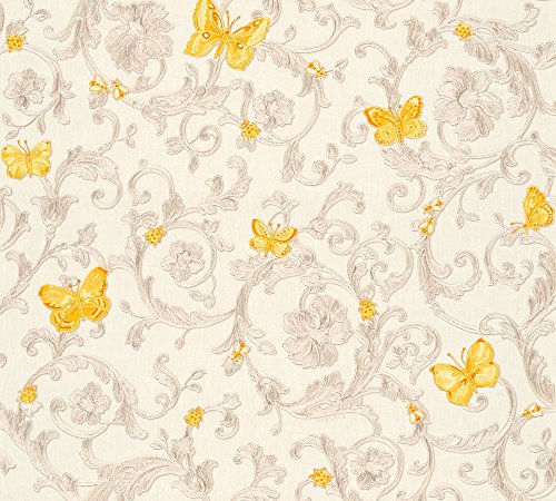 A.S. Création VERSACE WALLPAPER Vliestapete Butterfly Barocco Luxustapete mit Ornamenten barock 10,05 m x 0,70 m creme gelb metallic Made in Germany 343253 34325-3 von A.S. Création