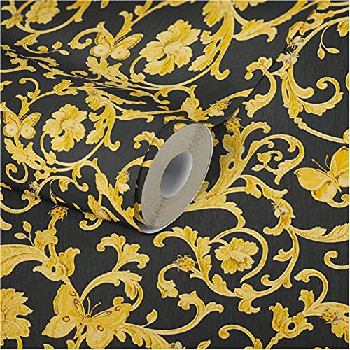 VERSACE WALLPAPER Vliestapete Butterfly Barocco Luxustapete mit Ornamenten barock 10,05 m x 0,70 m gelb metallic schwarz Made in Germany 343252 34325-2 von A.S. Création