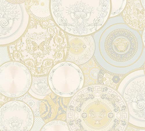 VERSACE WALLPAPER Vliestapete Les Etoiles de la Mer 2 Luxustapete 10,05 m x 0,70 m creme metallic weiß Made in Germany 349012 34901-2 von A.S. Création