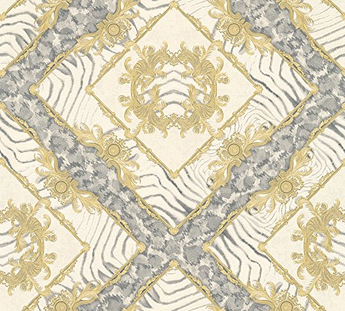 VERSACE WALLPAPER Vliestapete Vasmara Luxustapete mit Zebramuster 10,05 m x 0,70 m creme grau metallic Made in Germany 349042 34904-2 von A.S. Création