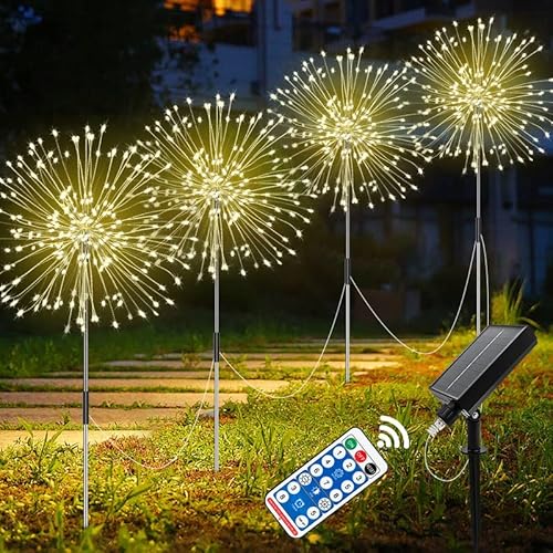 Solar Feuerwerk Gartenlichter, Solar Garten Dekorative Lichter mit 120 LED, 4 Stück Solarlampen für Außen Garten Wasserdicht, Warmweiß Solarstecker Gartenleuchten für Hinterhof Weg Rasen Terrasse von A.bigwhale