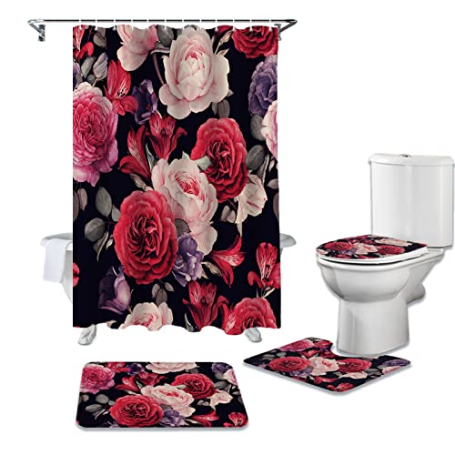 A1-Brave duschvorhang, Vintage Rose Blume Duschvorhang Sets rutschfeste Teppiche WC Deckelabdeckung und Badematte wasserdichte Badezimmer Vorhänge (Color : Rot, Size : Size1) von A1-Brave