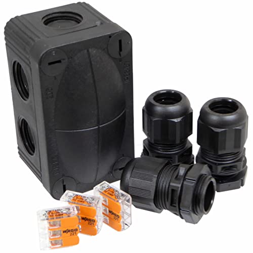 Black Wiska 206 Box mit 3x Wago 221-413 Hebelverbinder und 3x ESKV Verbindungen - Wetterfest IP66 für Außenstrahler und Kabelverdrahtung von A1 ELECTRICS A1ELECTRICS.COM