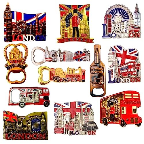 12 London-Souvenir-Metall-Magnet für Kühlschrank, britische Flagge, Flaschenöffner mit englischen Symbolen von A1 Gifts