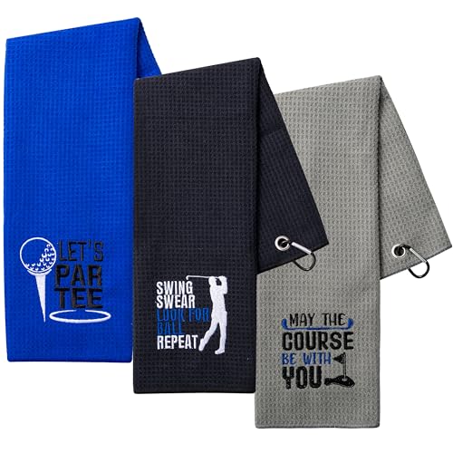 A1DIEE Mikrofaser Saugfähiges Golf Handtuch - 3 Stück Mann Golf Tasche Handtuch, Schwarz Stickerei Muster Golf Reinigungstuch mit Karabiner Clip zum Golf Club Tasche Aufhängen für Vater Ehemann von A1DIEE