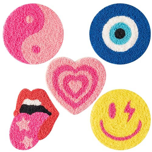 A1DIEE Preppy Boho Tufted Untersetzer - 5 Stück Lächeln Böses Auge Lippe Liebe Yin-Yang Getränkeuntersetzer Rosa Pastell Teppich Becherunterlage für Küche Schreibtisch Geburtstag Einweihungsgeschenk von A1DIEE