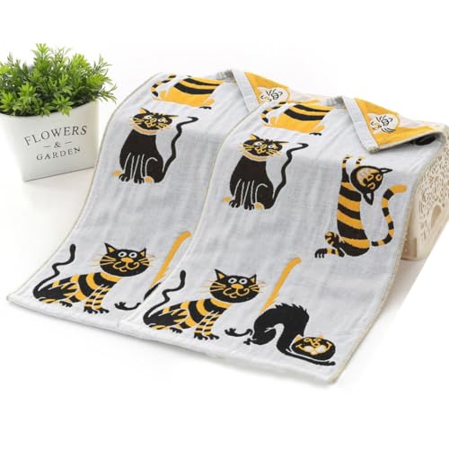A2 2er Set 100% Baumwolle Baumwollgaze zweiseitige Küchentücher 50x100cm Geschirrtüchern mit Druckmotiv Katzen Design Katzenmotiv Dish Cloth von a2