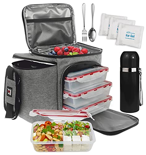A2S Complete Meal Prep Lunch Box - 8 Pcs Set: Cooler Bag 3x Portion Control Bento Lunch Containers Leakproof 3 Compartments Microwavable BPA Free - Fork & Spoon - Thermos - 3x Ice Gel (Gray 8 Pcs Set) von A2S Protection