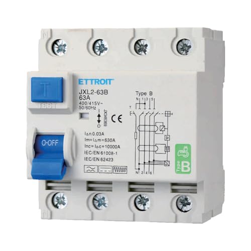 A2ZWORLD Differentialschalter Typ B, dreiphasig, RCCB Klasse B 30 mA 4P 63 A, 3P+N 4 Pole 10 kA AC 400 V, Belegt 4 Module DIN-Schiene von A2ZWORLD