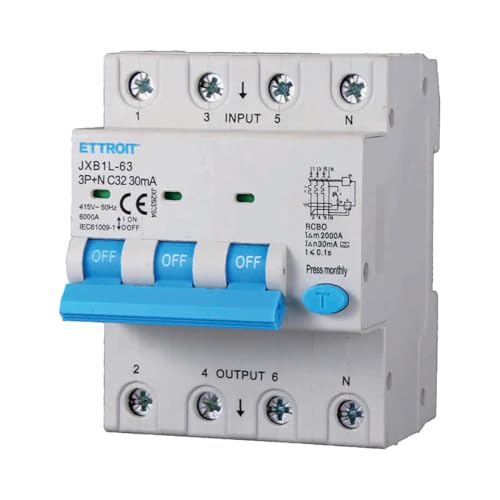 A2ZWORLD Leitungsschutzschalter, dreiphasig, Typ A 30 mA, RCBO Klasse A 4P C32 32A, Kurve C 3P+N 6000A, Belegt 4 DIN-Module, AC 400 V IP20 von A2ZWORLD