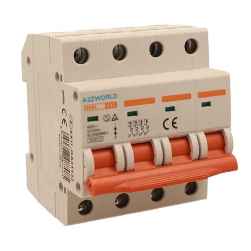 Dreiphasiger Leitungsschutzschalter 4P 32A C32, Kurve C 6kA, 4 Module DIN 380V AC, zertifiziert IEC60898-1, Serie SB6L Dreiphasiger Leitungsschutzschalter 4P 32A C32, Kurve C 6kA, 4 Module DIN 380V AC, zertifiziert IEC60898-1, Serie SB6L von A2ZWORLD