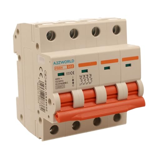 Dreiphasiger Leitungsschutzschalter 4P 32A D32, Kurve D 10kA, 4 Module DIN 380V AC, zertifiziert IEC60898-1, Serie PB8H Professional von A2ZWORLD