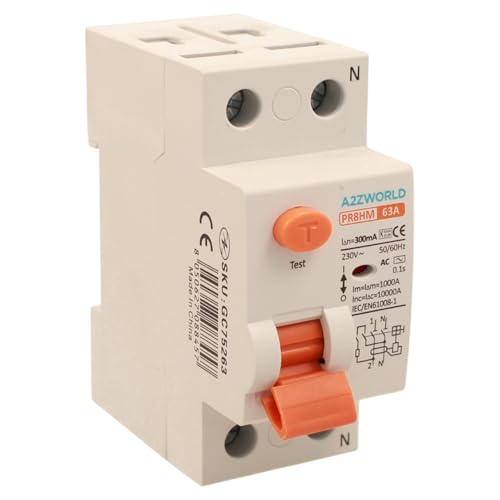 Fehlerstromschutzschalter 300 mA, lebensrettend 63 A, RCCB 1P+N Typ AC 10 kA 220 V, 2 DIN-Module, Serie PR8HM, elektromagnetisch, IEC61008-1 zertifiziert von A2ZWORLD