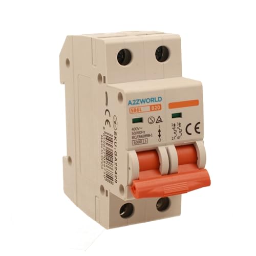 Leistungsschalter 20 A B20, Bipolar 2P, Kurve B 6kA, 2 Module DIN 220 V AC, zertifiziert IEC60898-1, Serie SB6L von A2ZWORLD