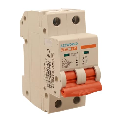 Leistungsschalter 63 A C63, Bipolar 2P, Kurve C 10 kA, 2 Module DIN 220 V AC, zertifiziert IEC60898-1, Profi-Serie PB8H von A2ZWORLD