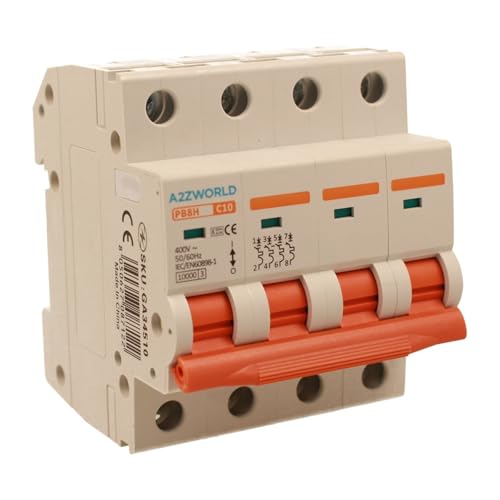 Leitungsschutzschalter, dreiphasig, 4P 10 A C10, Kurve C 10 kA, 4 Module DIN 380 V AC, zertifiziert IEC60898-1, Serie PB8H Leitungsschutzschalter, dreiphasig, 4P 10 A C10, Kurve C 10 kA, 4 Module DIN 380 V AC, zertifiziert IEC60898-1, Serie PB8H von A2ZWORLD