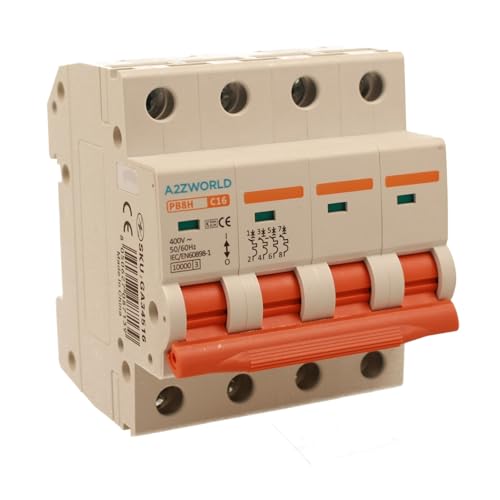 Leitungsschutzschalter, dreiphasig, 4P 16 A C16, Kurve C 10 kA, 4 Module DIN 380 V AC, zertifiziert IEC60898-1, Serie PB8H von A2ZWORLD