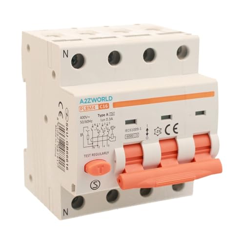 Leitungsschutzschalter, dreiphasig, Typ A 300 mA, 16 A C16, RCBO 3P+N 6kA Kurve C 380 V, 4 DIN-Module, Serie PL8M4 Professional Elektromagnetisch von A2ZWORLD