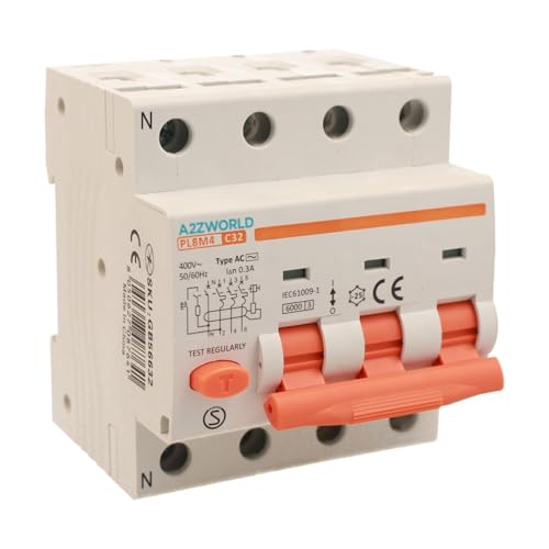 Leitungsschutzschalter magnetothermisch dreiphasig 300mA 32A C32, RCBO Typ AC Kurve C, 3P+N 6kA 380V, 4 DIN-Module, Serie PL8M4 Professional Elektromagnetisch von A2ZWORLD