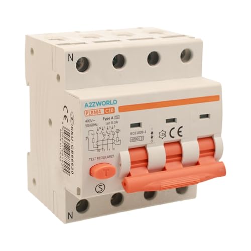 Leitungsschutzschalter magnetothermisch dreiphasig Typ A 300 mA, 20 A C20, RCBO 3P+N 6kA Kurve C 380 V, 4 DIN-Module, Serie PL8M4 Professional Elektromagnetisch von A2ZWORLD