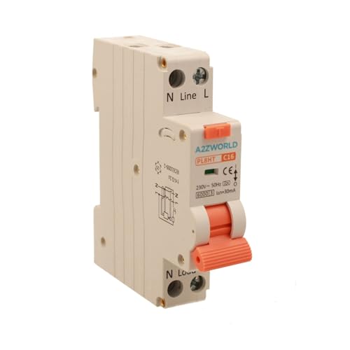 Magnetothermischer Differentialschalter 1 Modul Typ A, 16A C16, RCBO Slim 1P+N 6kA 30mA 220V, Kurve C, Serie PL8HT Professional von A2ZWORLD